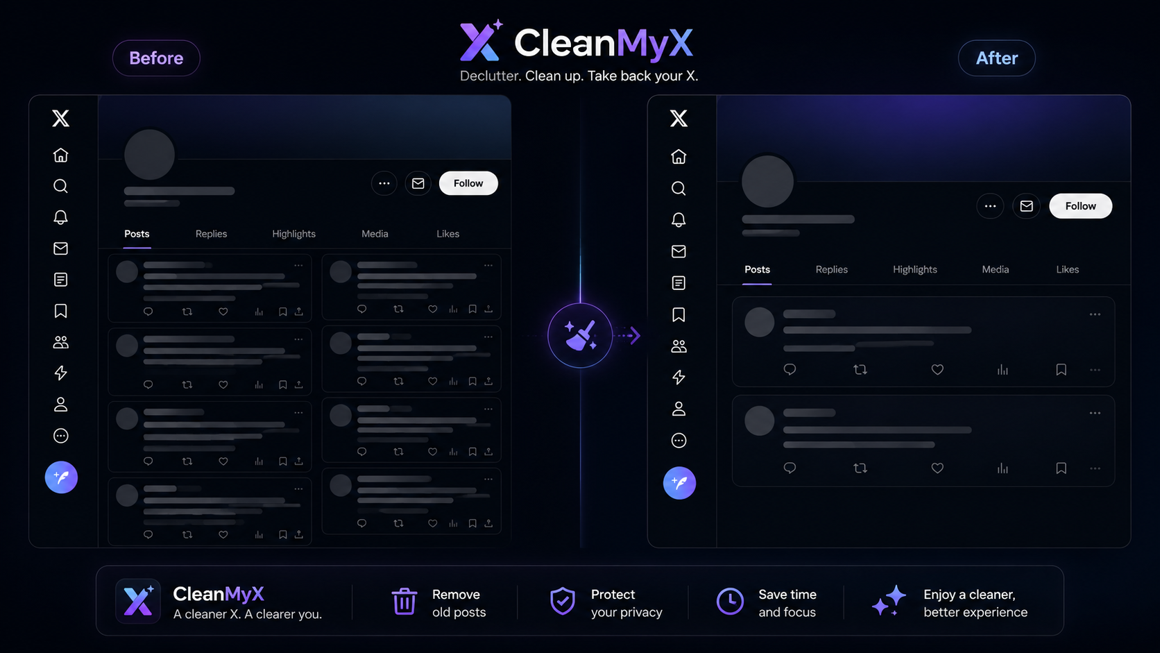Before and after concept showing a cleaner X timeline with CleanMyX