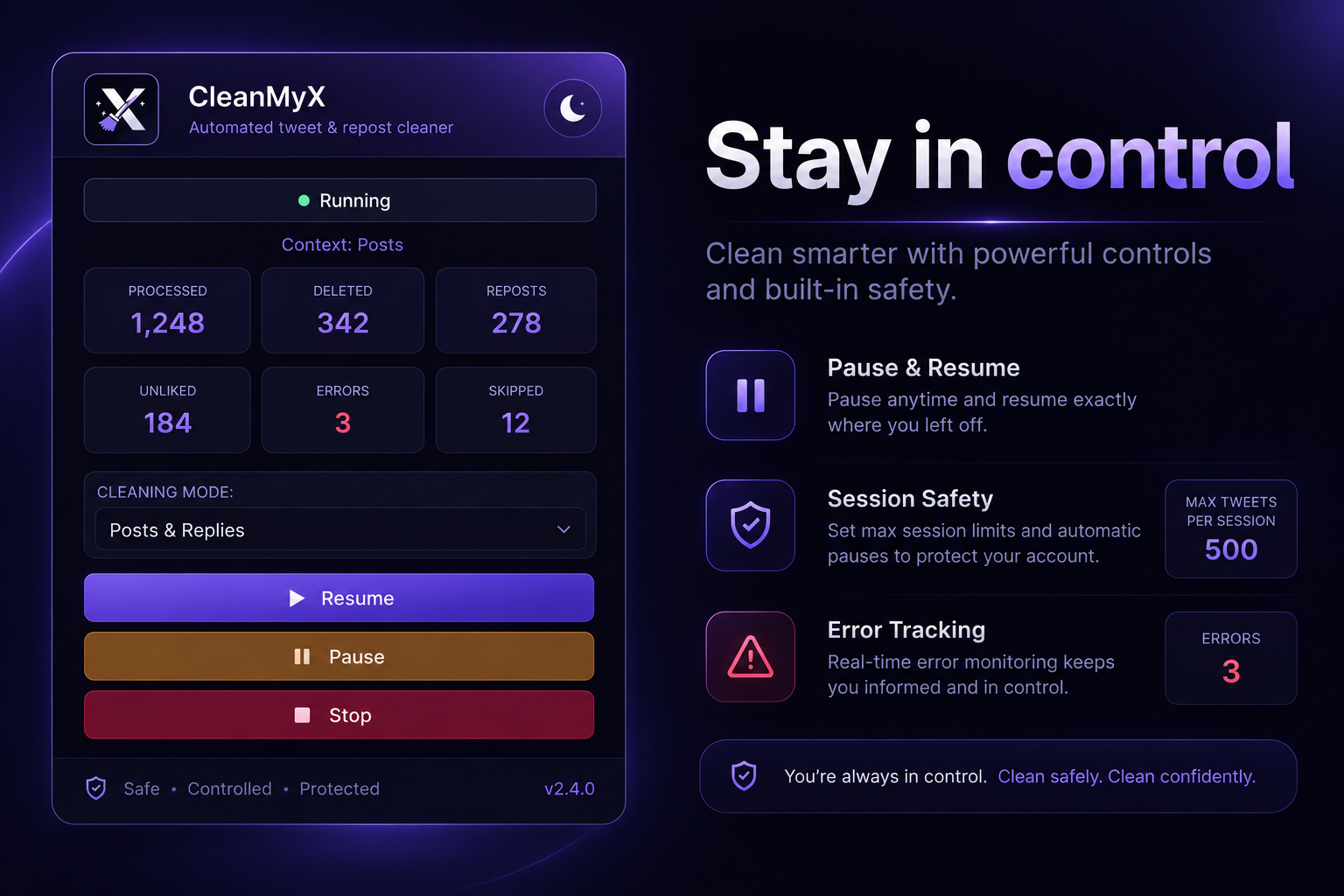 CleanMyX safety controls and session status interface