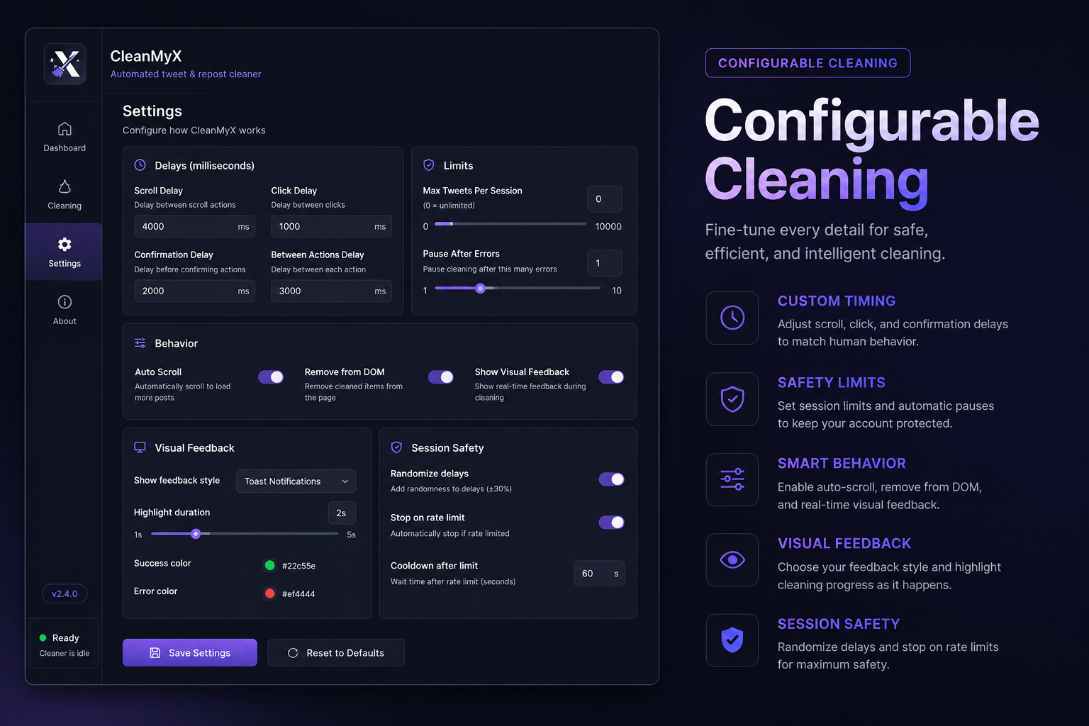 CleanMyX configurable cleaning settings interface